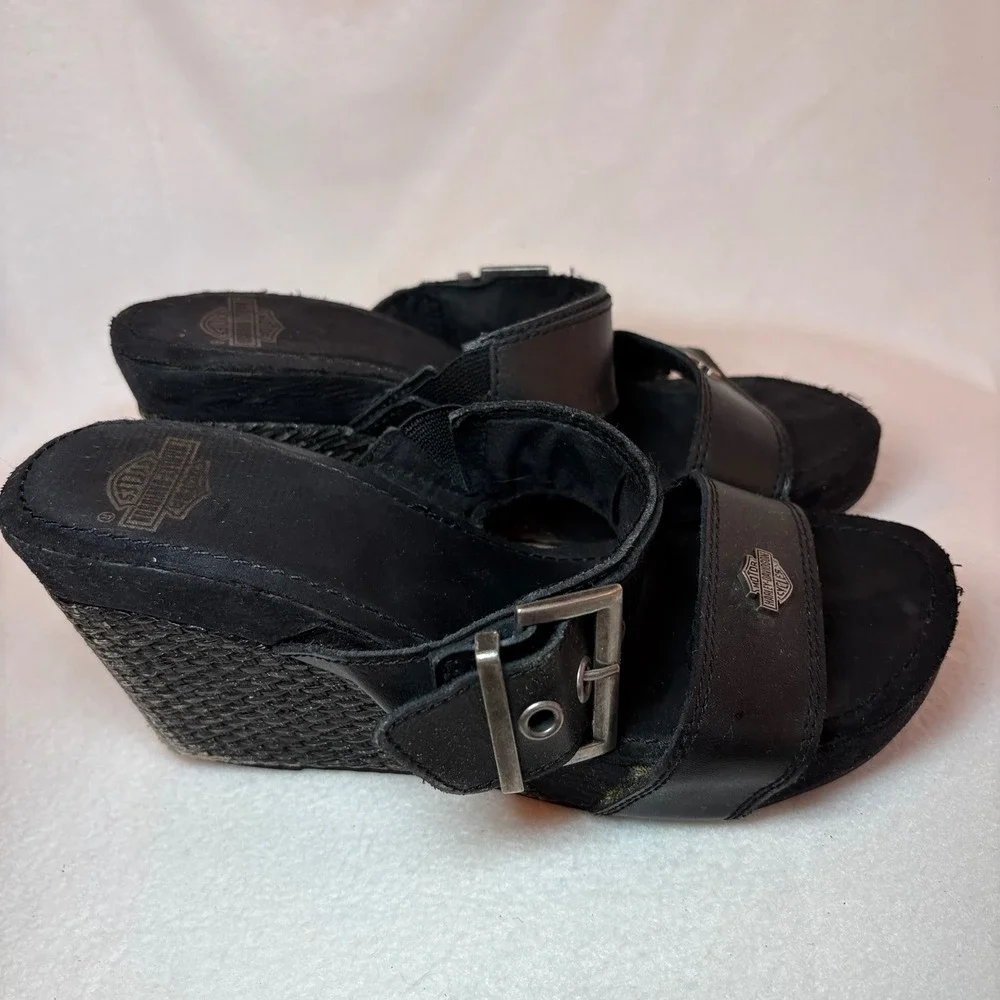 Harley-Davidson Womens Black Leather Wedge Sandals Buckle Logo Platform Slides
